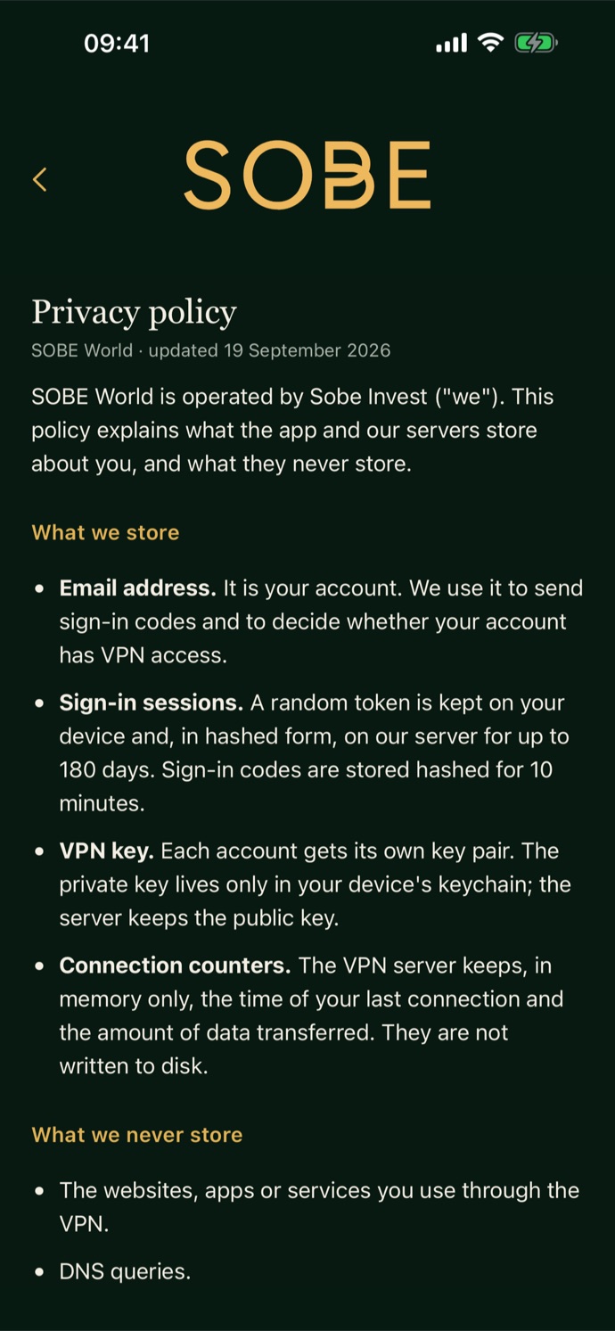 Privacy policy in the app
