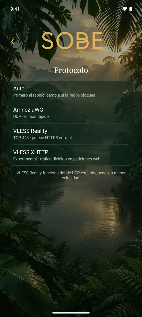 Ajustes → Protocolo · Android